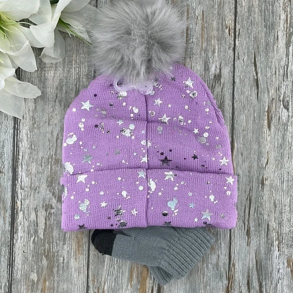 Girls Justice Ribbed & Full Print Winter Cozy Beanie and Gloves 2, 2-Piece Sets
